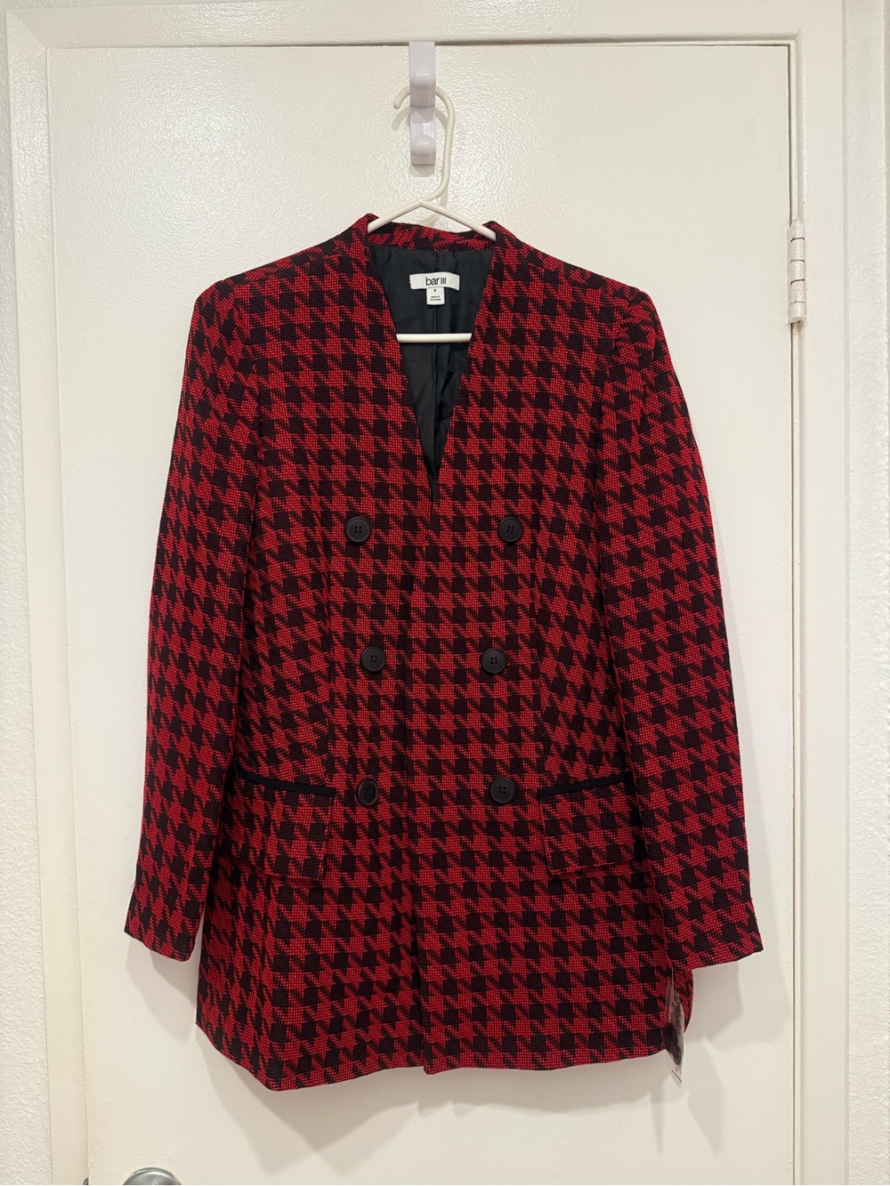 Bar III Womens 6 Red Black Houndstooth Print Button Up Jacket